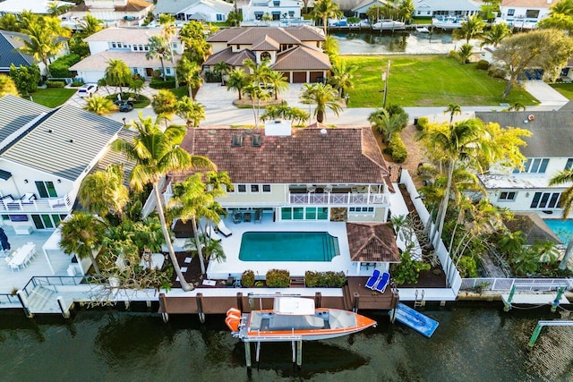 aerial view featuring a water view