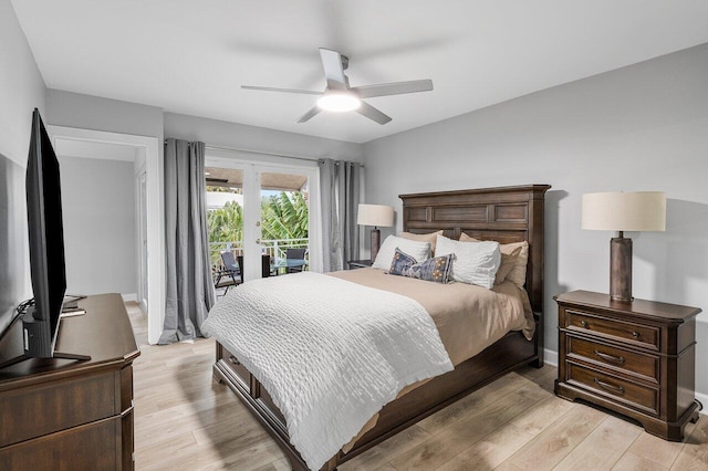 bedroom with ceiling fan, light wood-type flooring, and access to outside