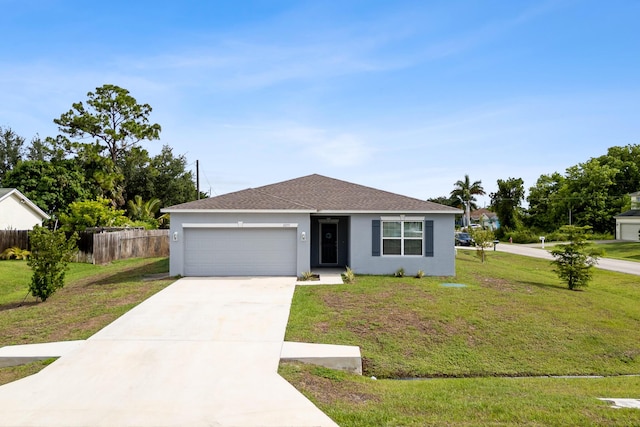 ranch-style house featuring a front lawn and a garage