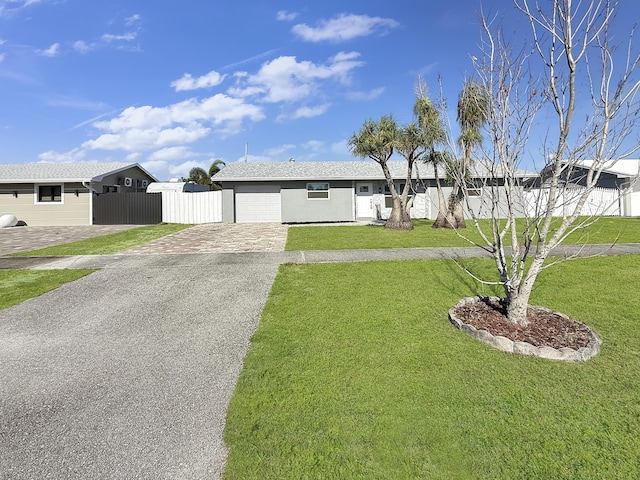 single story home featuring a front yard and a garage