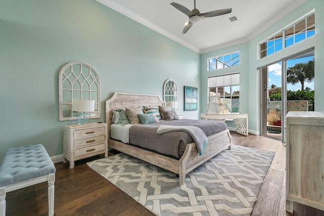 bedroom with ceiling fan, access to exterior, dark hardwood / wood-style floors, and ornamental molding