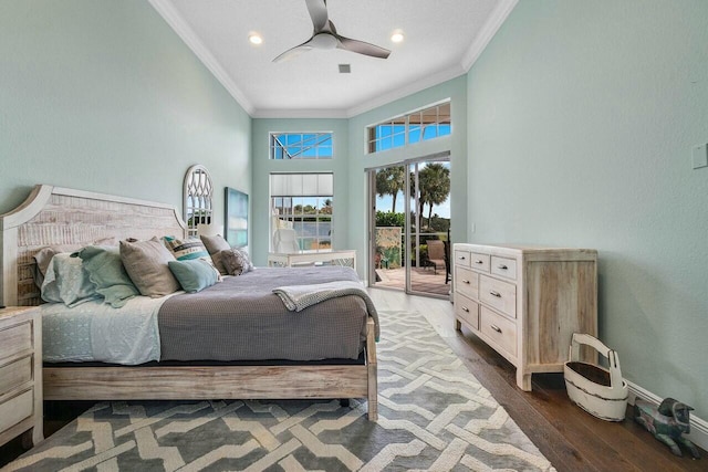 bedroom featuring ceiling fan, access to exterior, dark wood-type flooring, and crown molding