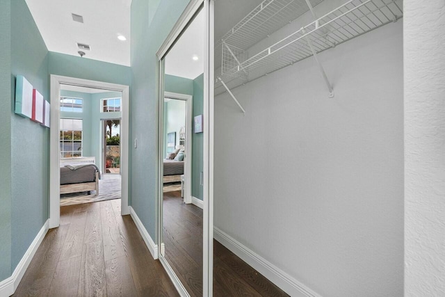 spacious closet featuring dark hardwood / wood-style flooring