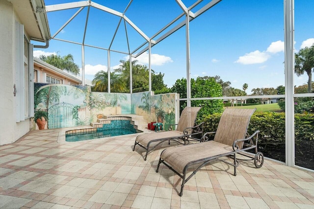 sunroom featuring a swimming pool