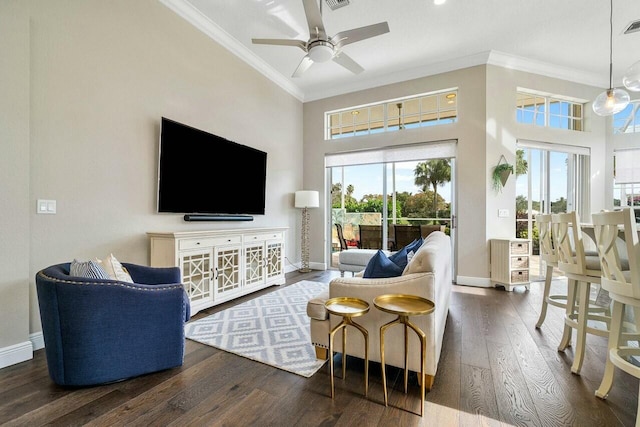 living room featuring ceiling fan, a high ceiling, dark hardwood / wood-style flooring, and crown molding