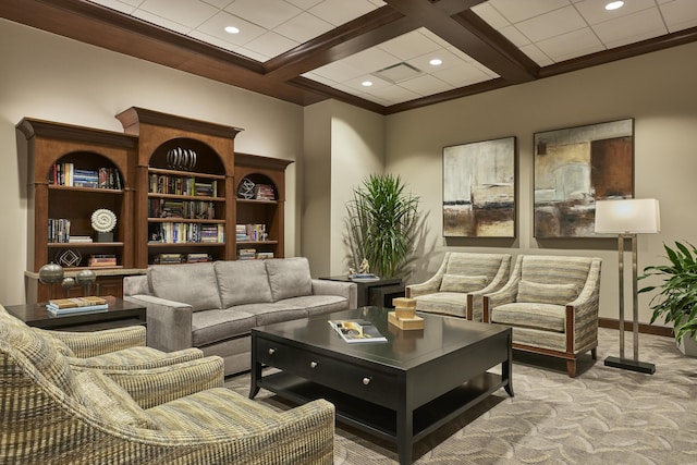 interior space with beamed ceiling and coffered ceiling