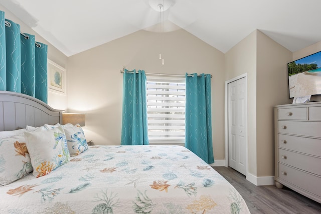 bedroom featuring vaulted ceiling and hardwood / wood-style floors