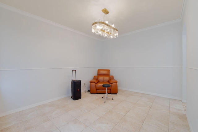 living area featuring light tile patterned floors, a notable chandelier, and ornamental molding