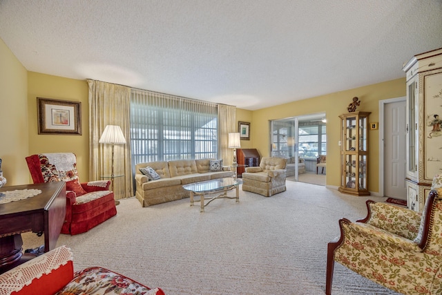 living room with a textured ceiling, a wealth of natural light, and carpet