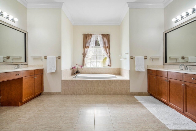 bathroom with vanity, tile patterned floors, tiled bath, and crown molding