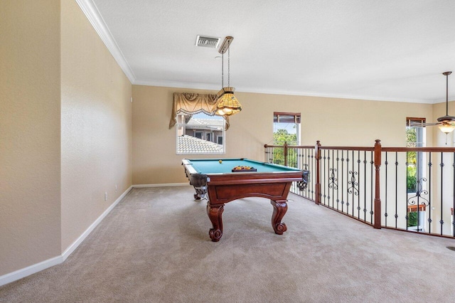 playroom featuring pool table, ceiling fan, ornamental molding, and carpet