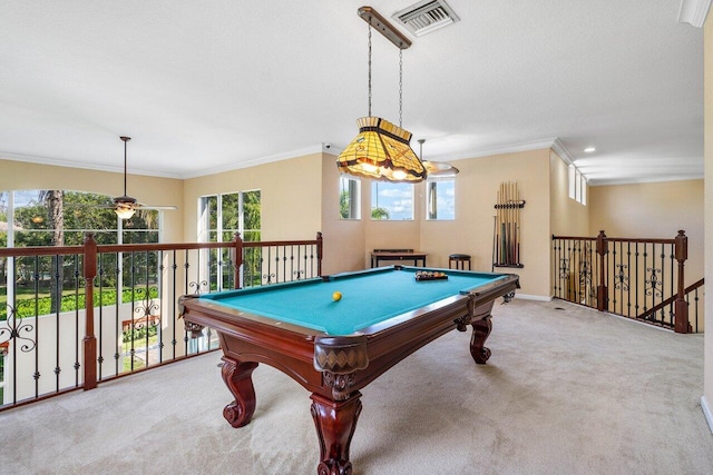 playroom with ornamental molding, billiards, and light carpet