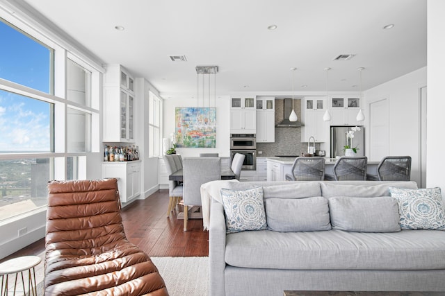 living room with dark hardwood / wood-style floors and sink