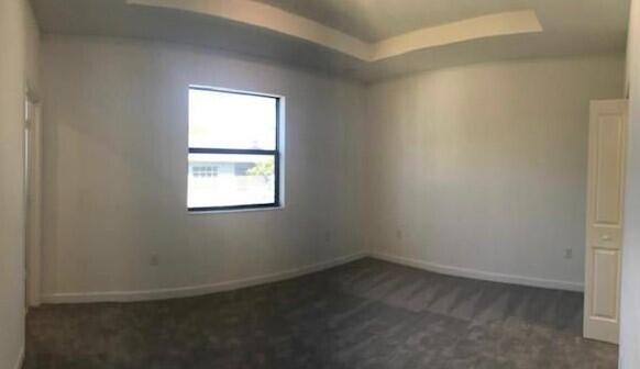 empty room with a raised ceiling and dark carpet