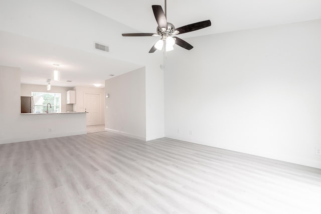 unfurnished living room with sink, ceiling fan, and light hardwood / wood-style flooring