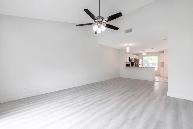 unfurnished living room featuring ceiling fan and light hardwood / wood-style floors