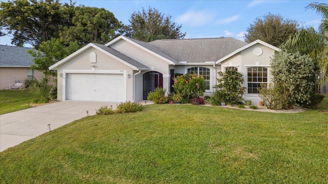 single story home featuring a front lawn and a garage