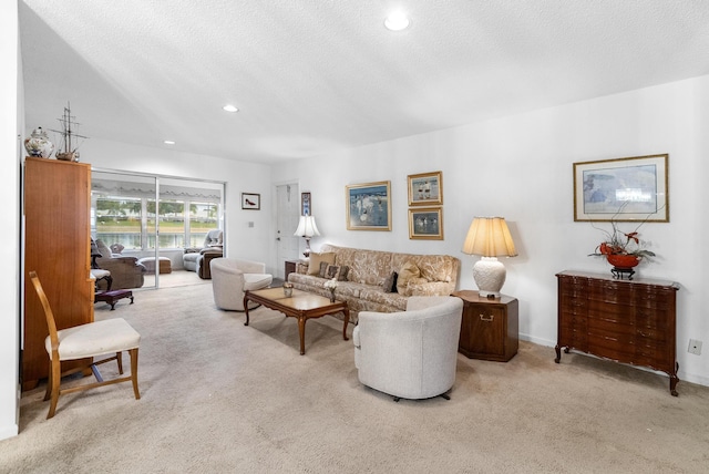 carpeted living room featuring a textured ceiling