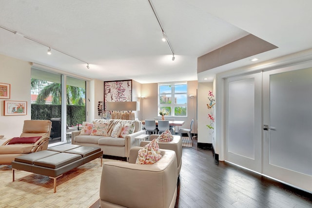 living room featuring track lighting and hardwood / wood-style flooring