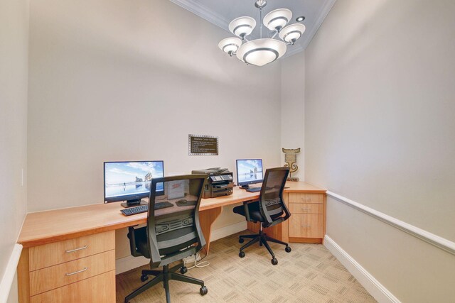 carpeted office featuring crown molding and a chandelier