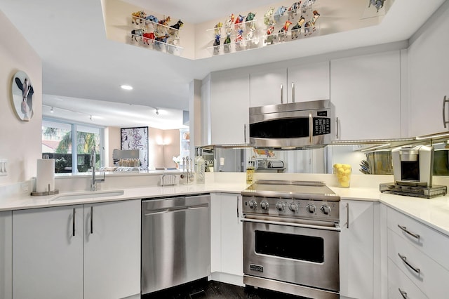 kitchen featuring sink, stainless steel appliances, white cabinets, and a raised ceiling