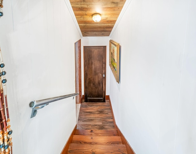 hall with wood ceiling, crown molding, and dark wood-type flooring