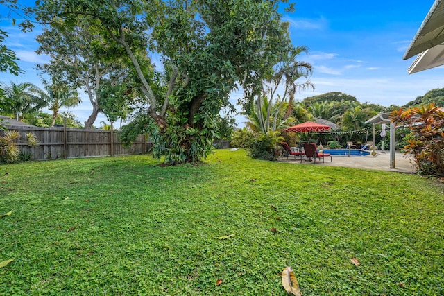 view of yard with a fenced in pool and a patio