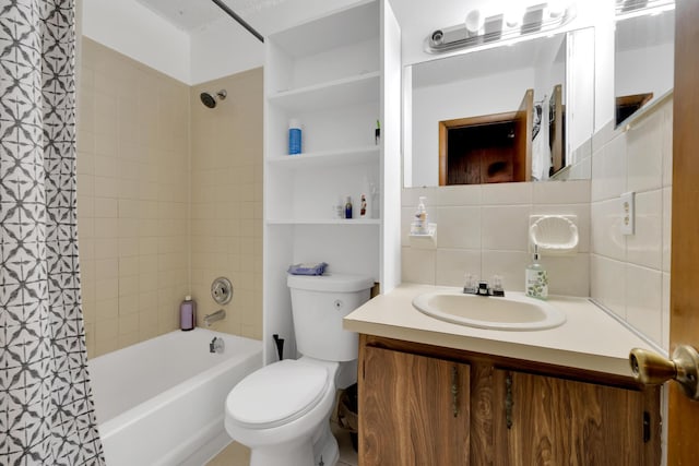 full bathroom featuring toilet, shower / tub combo, tasteful backsplash, and vanity