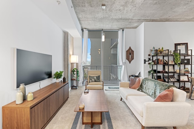 carpeted living room with a wall of windows