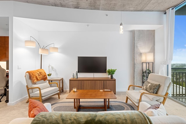 living room with light colored carpet and a wall of windows