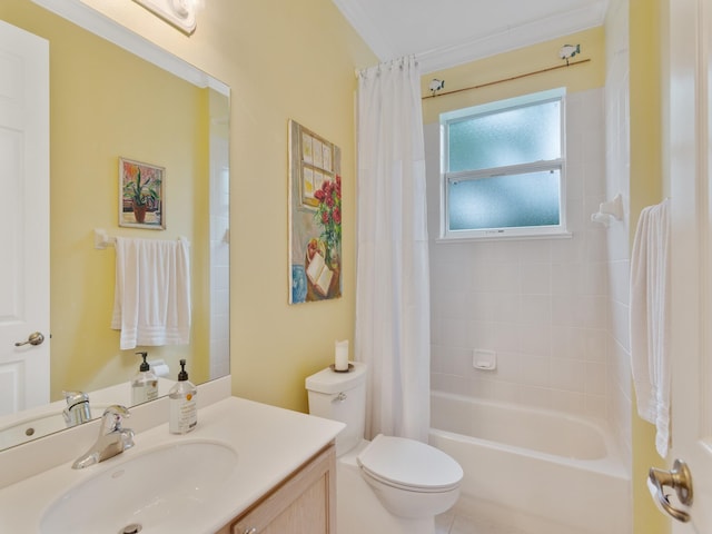 full bathroom featuring toilet, shower / tub combo, vanity, and ornamental molding