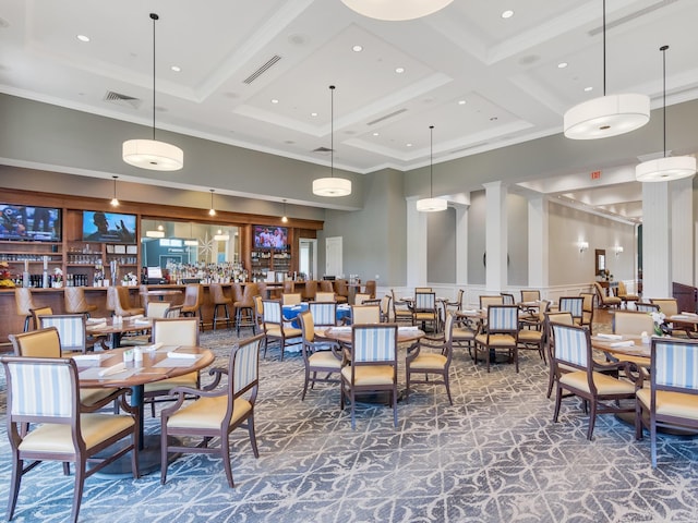 dining room with coffered ceiling, a high ceiling, ornamental molding, and beamed ceiling