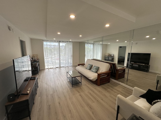 living room with floor to ceiling windows and light hardwood / wood-style floors