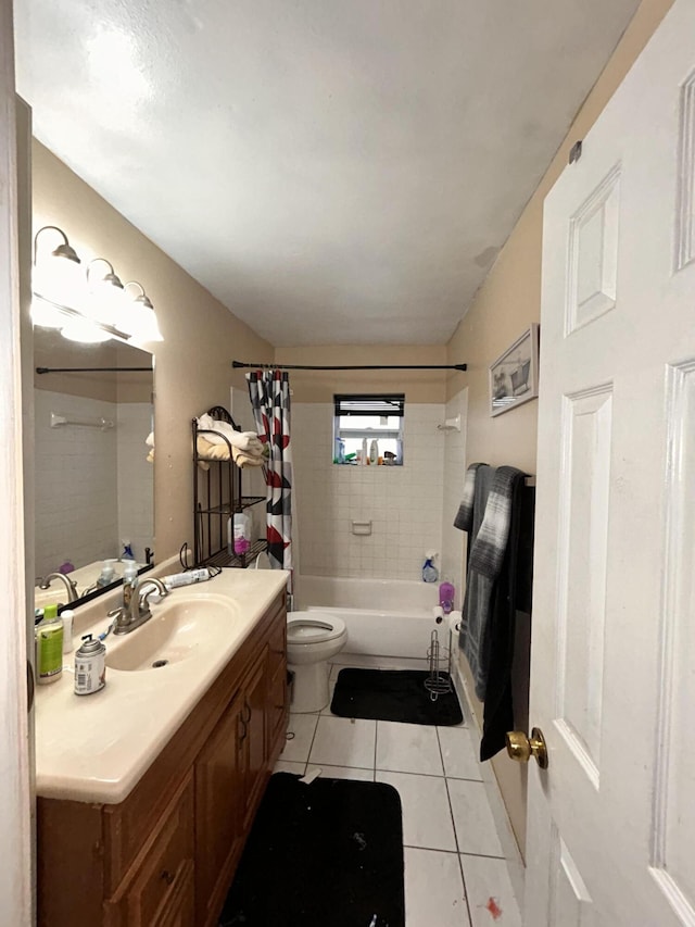 full bathroom featuring shower / bathtub combination with curtain, tile patterned flooring, vanity, and toilet