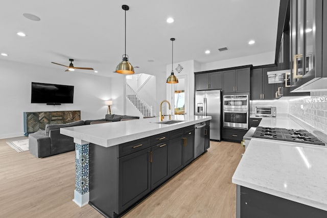 kitchen with pendant lighting, sink, stainless steel appliances, a center island with sink, and decorative backsplash