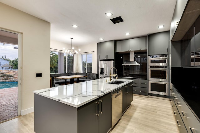 kitchen featuring pendant lighting, sink, an island with sink, gray cabinetry, and stainless steel appliances