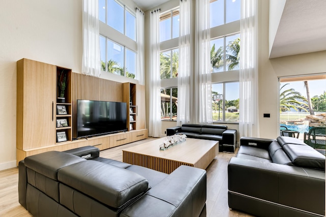 living room with light hardwood / wood-style flooring and a high ceiling