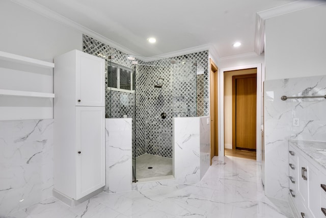 bathroom featuring walk in shower, vanity, tile walls, and ornamental molding