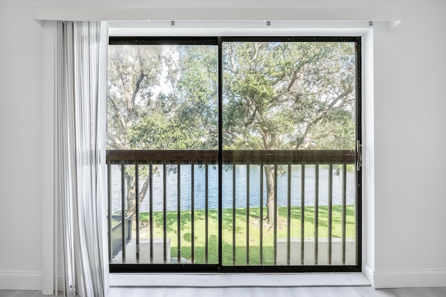 interior space featuring hardwood / wood-style floors and a water view