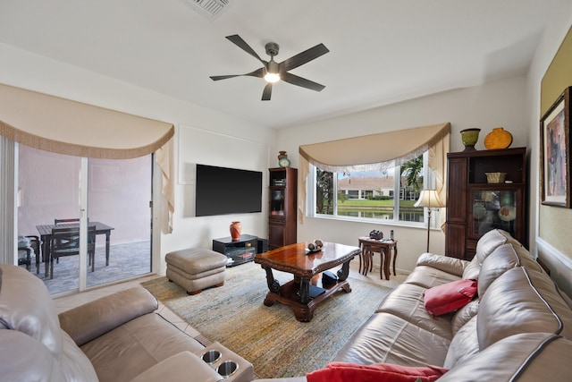 living room with ceiling fan