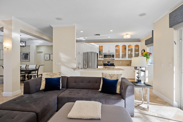 tiled living room with crown molding