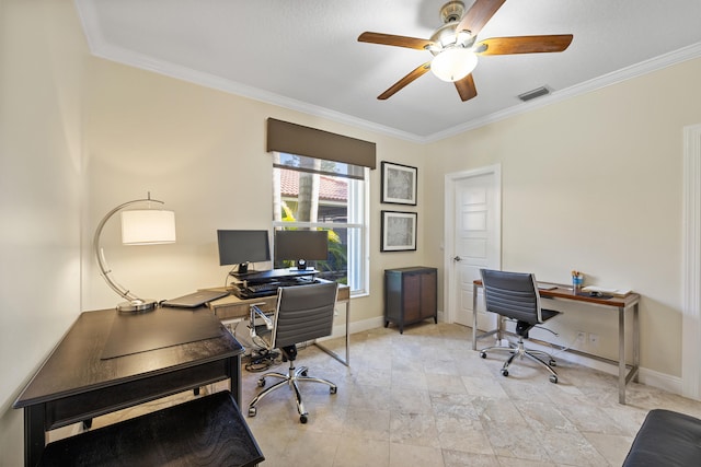 office space featuring crown molding and ceiling fan