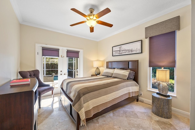 bedroom with french doors, ceiling fan, ornamental molding, and access to exterior