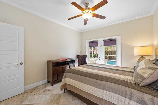 bedroom with crown molding, french doors, and ceiling fan