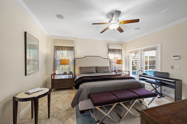 bedroom with multiple windows, crown molding, and ceiling fan