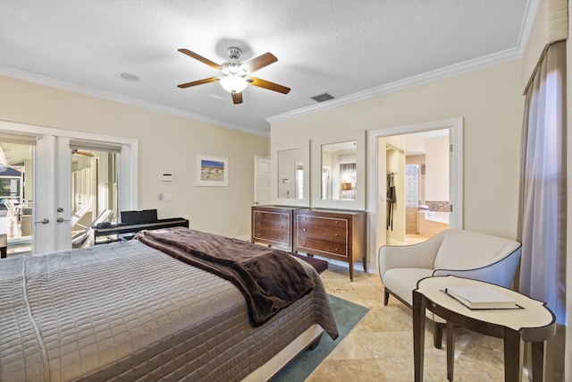 bedroom featuring crown molding, ceiling fan, ensuite bathroom, a textured ceiling, and french doors