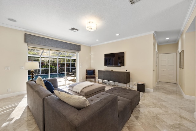 living room with crown molding and a textured ceiling