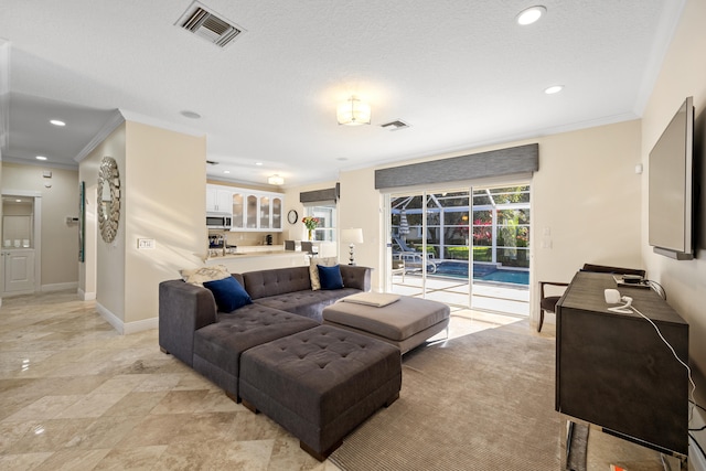 living room with crown molding and a wealth of natural light