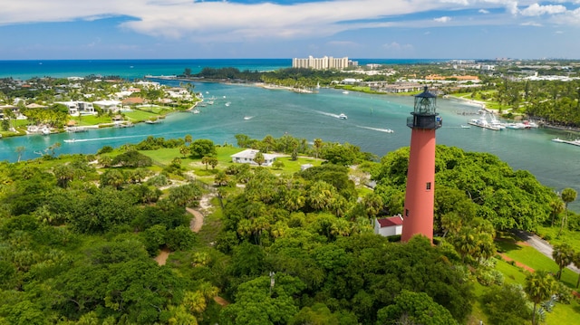 drone / aerial view with a water view