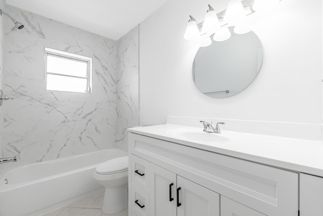 full bathroom with toilet, vanity, tile patterned flooring, and tiled shower / bath combo